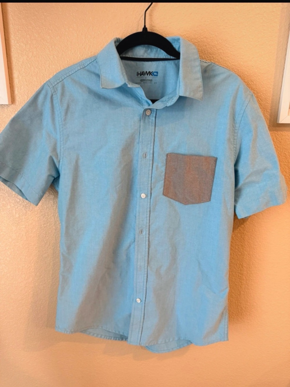 Tony Hawk Light Blue Short Sleeve Button-Down Shirt with Brown Chest Pocket